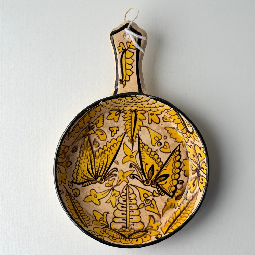 VTG 40s Mexican Tlaquepaque Fantasia Pottery Pan Hand Painted Butterfly Folk Art